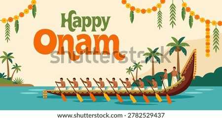 Indian men rowing traditional snake boat in Kerala during Onam festival. Cultural boat race competition on river water with tropical palm tree. Celebration card template banner design.