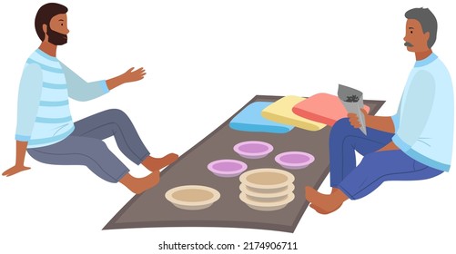 Indian men talking sitting on floor with bowl having meal. Traditional Indian family at dinner. Male characters eating national dishes together sitting on carpet with earthenware and pillows