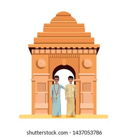 indian men wearing traditional indian clothes man with moustache man with moustache and glasses and indian monument gateway