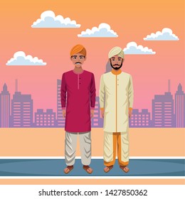 indian indian men wearing traditional hindu clothes man with moustache and turban man with beard and turban profile picture avatar cartoon character portrait outdoor over the street with sand, clouds