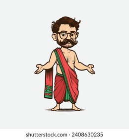 Indian Men Wearing Traditional Lungi or dhoti, Caricatures, Character, Sketch, Line Drawings Vector art Illustration