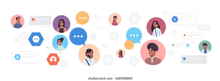 indian men women avatars with chat bubble speech social media communication concept male female cartoon characters using online chatting app horizontal portrait vector illustration