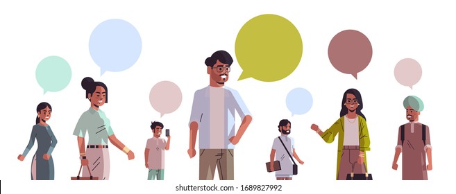 indian men women with chat bubble speech social media communication concept people using online chatting app horizontal portrait vector illustration