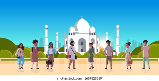 indian men women group standing together discussing during meeting people in casual clothes muslim nabawi mosque building cityscape background horizontal flat full length vector illustration