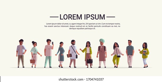 indian men women standing together smiling male female hindu cartoon characters full length copy space horizontal vector illustration