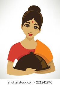 indian menu, cartoon girl in a traditional cloth serve a food