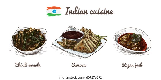 Indian menu colorful illustration. Vector illustration of Indian cuisine.