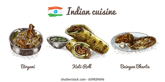 Indian menu colorful illustration. Vector illustration of Indian cuisine.