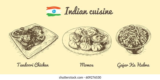 Indian menu monochrome illustration. Vector illustration of Indian cuisine.