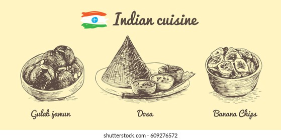 Indian menu monochrome illustration. Vector illustration of Indian cuisine.