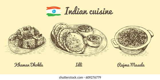 Indian menu monochrome illustration. Vector illustration of Indian cuisine.