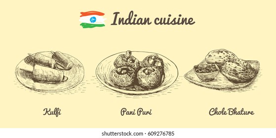 Indian menu monochrome illustration. Vector illustration of Indian cuisine.