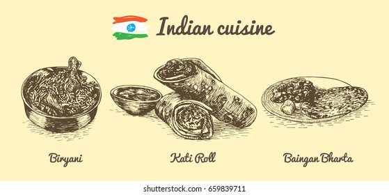 Indian menu monochrome illustration. Vector illustration of Indian cuisine.