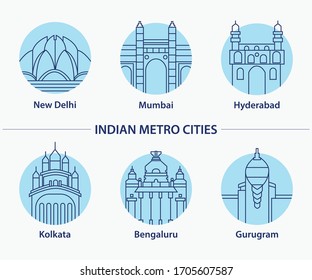 Indian metro Cities new Delhi Mumbai Hyderabad icon vector