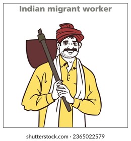 Equipo de construcción de trabajadores migrantes indios. ilustración de líneas vectoriales de trabajadores 