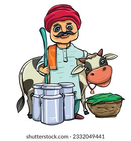 Indian milk man with cow vector illustration