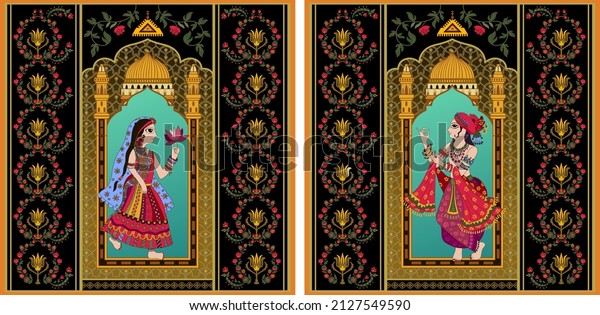 Indian miniature with a figure of a woman and a\
man. A couple of a woman and a man in national Indian clothes on\
the background of the palace, drawing. Two separate characters\
stand facing each other