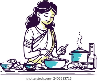 Mamá india cocina comida en un vector de arte de la línea de cocina