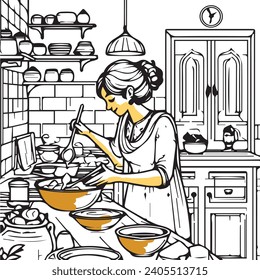 Indian mom cooking food in a kitchen line art vector