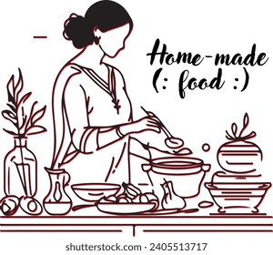 Indian mom cooking food in a kitchen line art vector