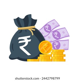 Indian Money Vector Illustration. Indian rupee sack, coins and banknotes. Each object isolated.