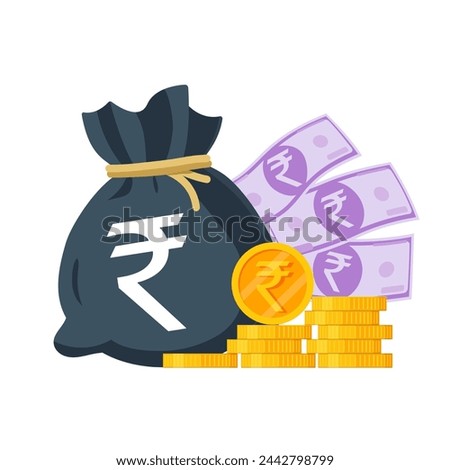 Indian Money Vector Illustration. Indian rupee sack, coins and banknotes. Each object isolated.