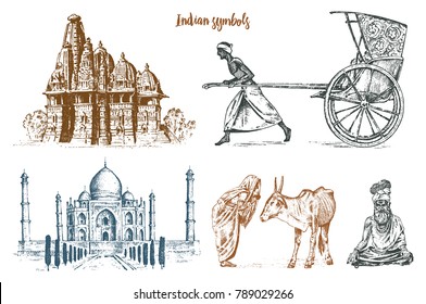 Indian monk meditating and landmark or architecture. Taj Mahal, traditional animal cow. Hindu farmer with rickshaw. mausoleum-mosque. engraved hand drawn in old sketch, vintage style.