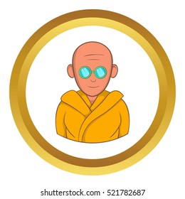 Indian monk in sunglasses vector icon in golden circle, cartoon style isolated on white background