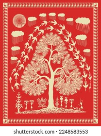 Indischer Monsun mit Kunst. Indischer Stamm Warli Malerei. Warli Malerei mit Stamm-Indische Traditionelle Kultur. Moderne Malerei, Kunst, Illustration, Vektorgrafik, Warli Malerei.