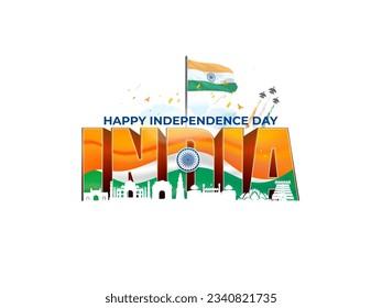 Monumento indio y antecedentes patrióticos para la celebración del 15 de agosto, Día de la Independencia de India, Libertad. Feliz Día de la Independencia India texto en 3D.