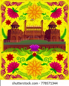 Indian monument red fort with indian style design and floral pattern