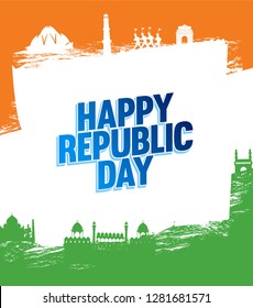 Indian Monuments With Happy Republic Day Text