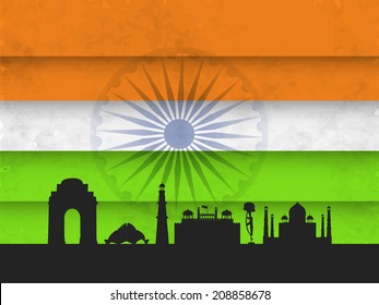 Indian monuments silhouette India Gate, Lotus Temple, Qutub Minar, Red Fort and Taj Mahal on national tricolors background. 