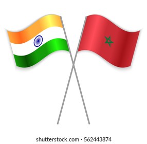 Indian and Moroccan crossed flags. India combined with Morocco isolated on white. Language learning, international business or travel concept.