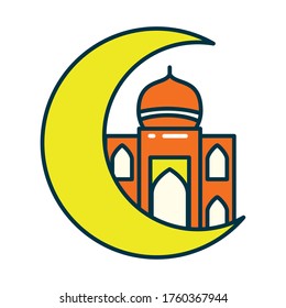 Indian mosque with moon line and fill style icon design, India culture travel and asia theme Vector illustration