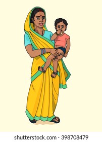 Indian mother with child hand drawn colorful illustration