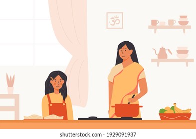 Indian mother and child in modern kitchen. Pretty young lady or woman in traditional yellow sari and girl cooking together at home. Modern interior on background. Vector flat illustration.