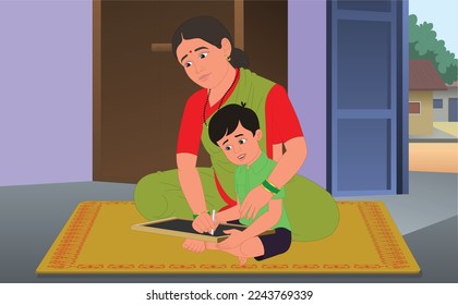 Indian Mother Son Studying Vector