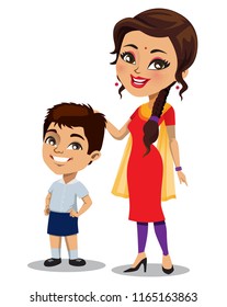 An Indian mother wearing an Indian outfit - Salwar Kameez is standing next to her little son who is wearing a school uniform.