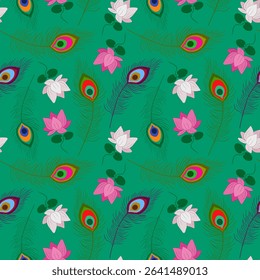 indian motif festive seamless pattern emerald background with peacock feathers and lotus flowers celebrations ornate krishna janmashtami endless backdrop