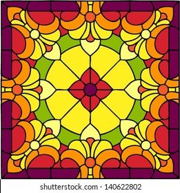 Indian motif - Sunny flowers, symmetric composition, seamless background, vector illustrations in stained glass window