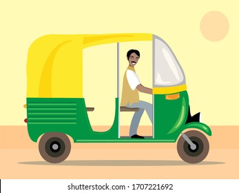 Indian motor rickshaw car. Indian tuk tuk. Flat illustration