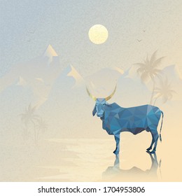 Indian Mountain landscape with a blue cow and golden horns 3d Polygonal art