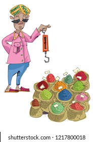 An indian moustached vendor in turban holds weight scale. Caricature. Cartoon
