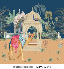 Indian Mughal camel garden vector pattern illustration