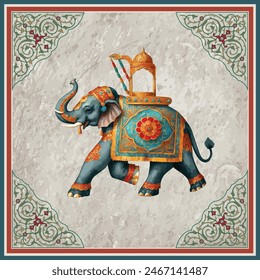 Indian Mughal caparisoned elephant, ethnic retro border vector illustration for wallpaper