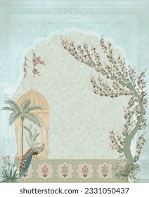 Indian Mughal decorative garden with arch, peacock, flower and plant illustration