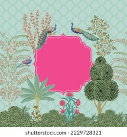 Indian Mughal decorative garden frame for wedding invitation vector pattern