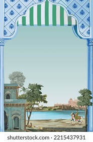 Emperador mogol indio, rey, arco paisajístico, palacio, templo, ilustración del vector lago