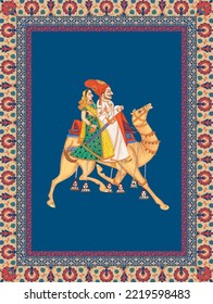 Indian Mughal emperor, queen with festive camel riding, adorned with regal accessories. vector illustration frame